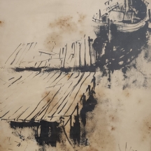 משה גת (Moshe Gat) - 'סירה קשורה למזח' - ליטוגרפיה ישנה, חתומה בעיפרון, מתוארכת