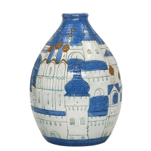 כד קרמיקה דקורטיבי כפי הנראה רוסי מעוטר עיטורי בלט של כנסיות רוסיות אורתודוקסיות