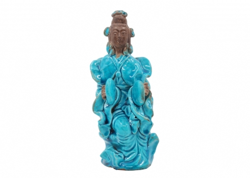 פסל סיני דקורטיבי עשוי קרמיקה מעוטר בזיגוג בגווני טורקיז, לא חתום