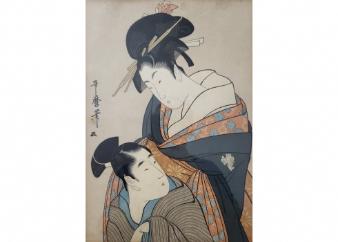 הדפס יפני עתיק וחשוב של האמן קיטגאווה אוטאמרו (Kitagawa Utamaro) המאה ה-18