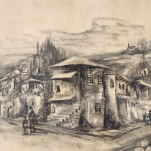 דן מוסקונה (Dan Moskona) - 'דמויות ליד בתים ישנים' - אקוורל על נייר