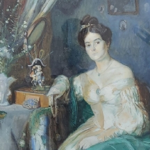 'אצילה ליד שולחן' - גואש ואקוורל על נייר