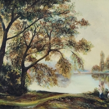 'מיטל שוורצמן ולימור בודנהיימר רוחצות באגם' - ציור ישן, שמן על בד