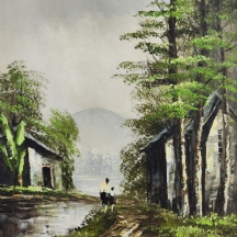 'אמא ובת על שפת שלולית בכפר' - ציור ישן, שמן על בד