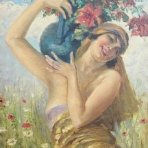 'נערה וכד פרחים כחול' - ציור עתיק, שמן על בד, פגם לבד ותיקון ישן, חתום