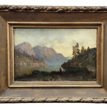 'דמות על גדת אגם' - ציור אירופאי עתיק, שמן על בד, חתום, אמן לא מזוהה