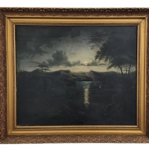 'ירח מעל אגם' - ציור עתיק, שמן על נייר מוצמד לב