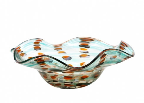 קערת זכוכית איטלקית (ונציאנית) עשויה בעבודת ניפוח ידנית, בעלת שוליים משופלים