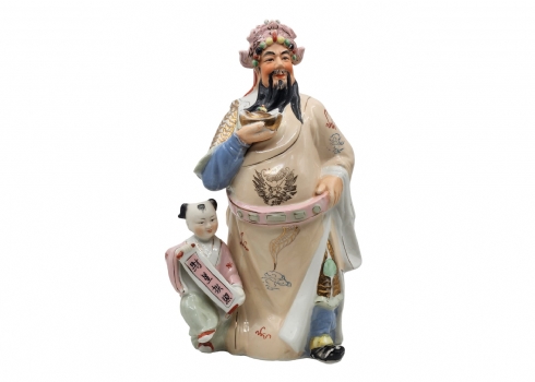 פסל סיני גדול עשוי חרסינה מצויירת בעבודת יד באמייל ובזהב, לא חתום