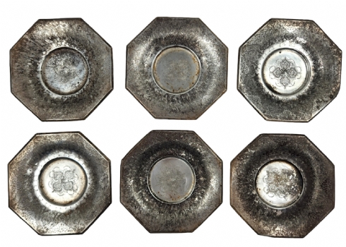 סט של 6 צלחות כסף פרסיות מתומנות, עשויות כסף '840', חתומות, מעוטרות עיטורי חריטת