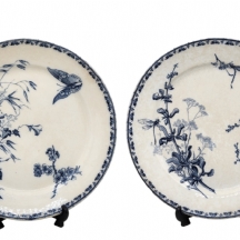 זוג צלחות צרפתיות עתיקות מהמאה ה-19, מעוטרות בהדפס מועבר בכחול קובלט (Flow Blue)