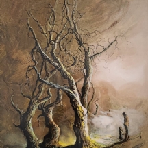 ארי ארד - 'אב ובן לצד עצים בשלכת' - ציור ישן, גואש ואקוורל על נייר, חתום ומתוארך