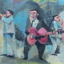 'שלושה נגנים' - ציור ישן, שמן על לוח, לא חתום, נשא בגבו לוחית  Jankowski 1956
