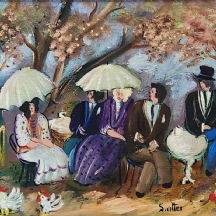 שלמה אלטר (Shlomo Alter) - 'דמויות בבית קפה עם תרנגולים' - שמן על בד צרפתי, חתום