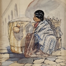 'נערה דרום אמריקאית ליד סל נצרים' - ציור ישן, רישום דיו ואקוורל על נייר, חתום