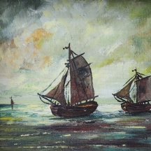 'שתי סירות מפרש' - ציור ישן, שמן על בד צרפתי, לא חתום