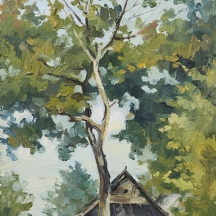 'עץ ובקתה' - שמן על לוח