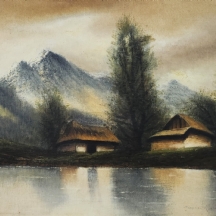 'ברושים ובקתות' - שמן על בד