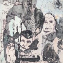 דוד תמרי - 'דמויות ויונה - רישום טוש, אקוורל על נייר מוצמד לקרטון