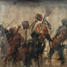 רחל צגלה - 'נגנים בתזמורת' - אקוורל על נייר, חתום 'רחל'