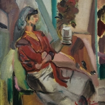 מקס אלון - 'אישה בחולצה אדומה וכד לבן', שמן על בד