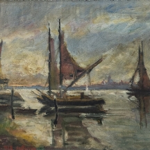 פרנאן לאוול (צרפתי, 1886- 1966, Fernand Laval) - 'סירות ותחנת קמח'' ציור עתיק