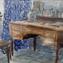 ערן וולקובסקי - 'כיסא ושולחן כתיבה עתיק' - אקוורל על נייר, חתום