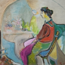 מקס אלון - 'אישה יושבת על כיסא', שמן על בד