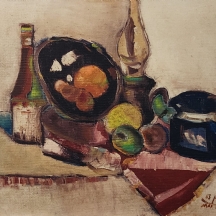 מקס אלון - 'פירות, עששית ויין', שמן על בד