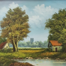 'בקתה וכנסייה' - שמן על בד