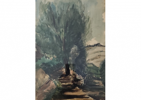 יוסף קוסונוגי (Joseph Kossonogi) - 'אישה יושבת בצלם של עצים' - אקוורל על נייר