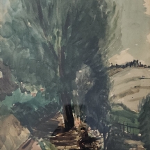 יוסף קוסונוגי (Joseph Kossonogi) - 'אישה יושבת בצלם של עצים' - אקוורל על נייר