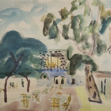 שמשון הולצמן (Shimshon Holzman) - 'בית קפה על גדת הכינרת' - רישום ואקוורל