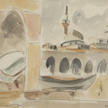 שמשון הולצמן (Shimshon Holzman) - 'נוף מסגד' - אקוורל על נייר, חתום