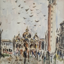 מרים בת-יוסף  - 'נוף ונציה' - רישום דיו ואקוורל על נייר, חתום, מתוארך: 1958