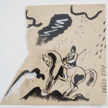 נחום גוטמן (Nachum Gutman) - 'פרש על סוס' - רישום דיו ואקוורל על נייר, חתום