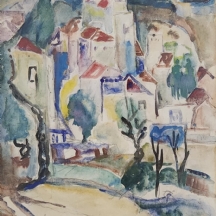 מרדכי לבנון (Mordechai Levanon) - 'בתים' - אקוורל על נייר, חתום