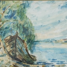 אהרון אבני (קמנוביץ) (Aharon Avni) - 'סירה קשורה לעץ על גדת הירקון' - אקוורל