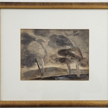 נחום גוטמן (Nachum Gutman), 'עצים בסערה חורפית' - אקוורל על נייר, חתום.