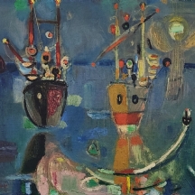 נחום גוטמן (Nachum Gutman) - 'אוניות' - שמן על בד, חתום