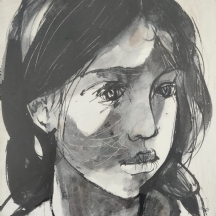 רות שלוס (Ruth Schloss) - 'פורטרט ילדה' - גואש ואקוורל על נייר, חתום