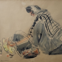 שמשון הולצמן (Shimshon Holzman) - 'ערביה מול מדורה' - רישום ואקוורל על נייר חתום