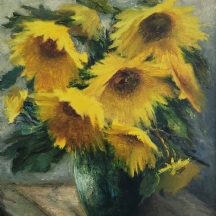 הדי קון (Heddy Kun) - 'פרחי חמנייה בכד ירוק' - שמן על בד, חתום