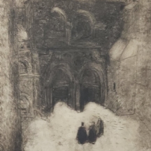 'שלושה אנשי דת מול כנסיה' - תצריב, חתום בעיפרון