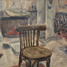 'כיסא עץ במרכז הסטודיו' - אקוורל על נייר, חתום