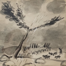 נחום גוטמן (Nachum Gutman) - 'רועה צאן בגשם' - אקוורל על נייר, חתום