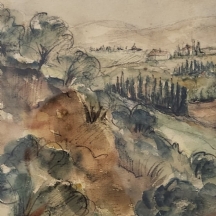 נחמיה שטנצל (Nehemia Shtenzel) -'נוף פרדס חנה' - רישום ואקוורל על נייר, חתום