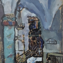 טובה ריכטר-ראוך (פולין - ישראל) - 'בית הכנסת הכחול בצפת' - ציור גואש על נייר, חת