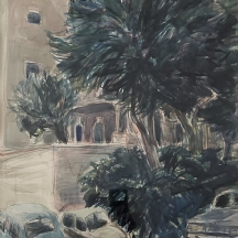 ערן וולקובסקי - 'שלושה רכבים חונים בחיפה' - ציור גדול, אקוורל על נייר, חתום למטה