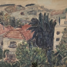 'בתים בראש פינה' - ציור אקוורל על נייר, חתום (ושרובסקי ?)